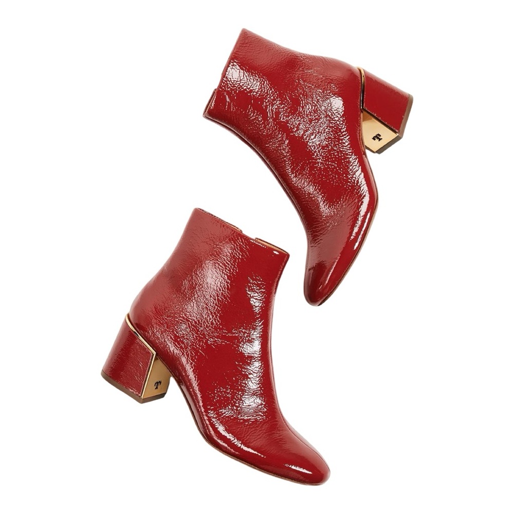Tory Burch Red Juliana Crinkled Patent Leather Ankle Booties